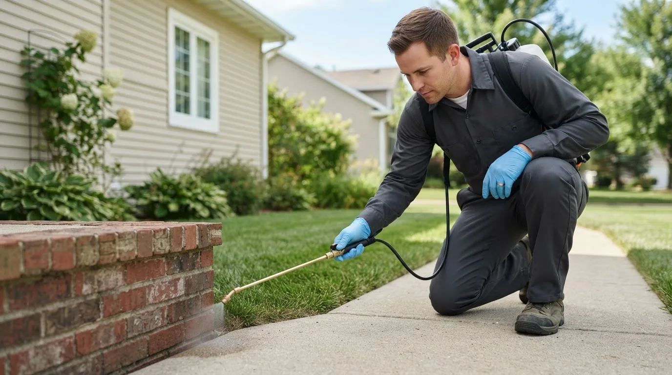 Pest control technician treating a home near Sheyenne, ND