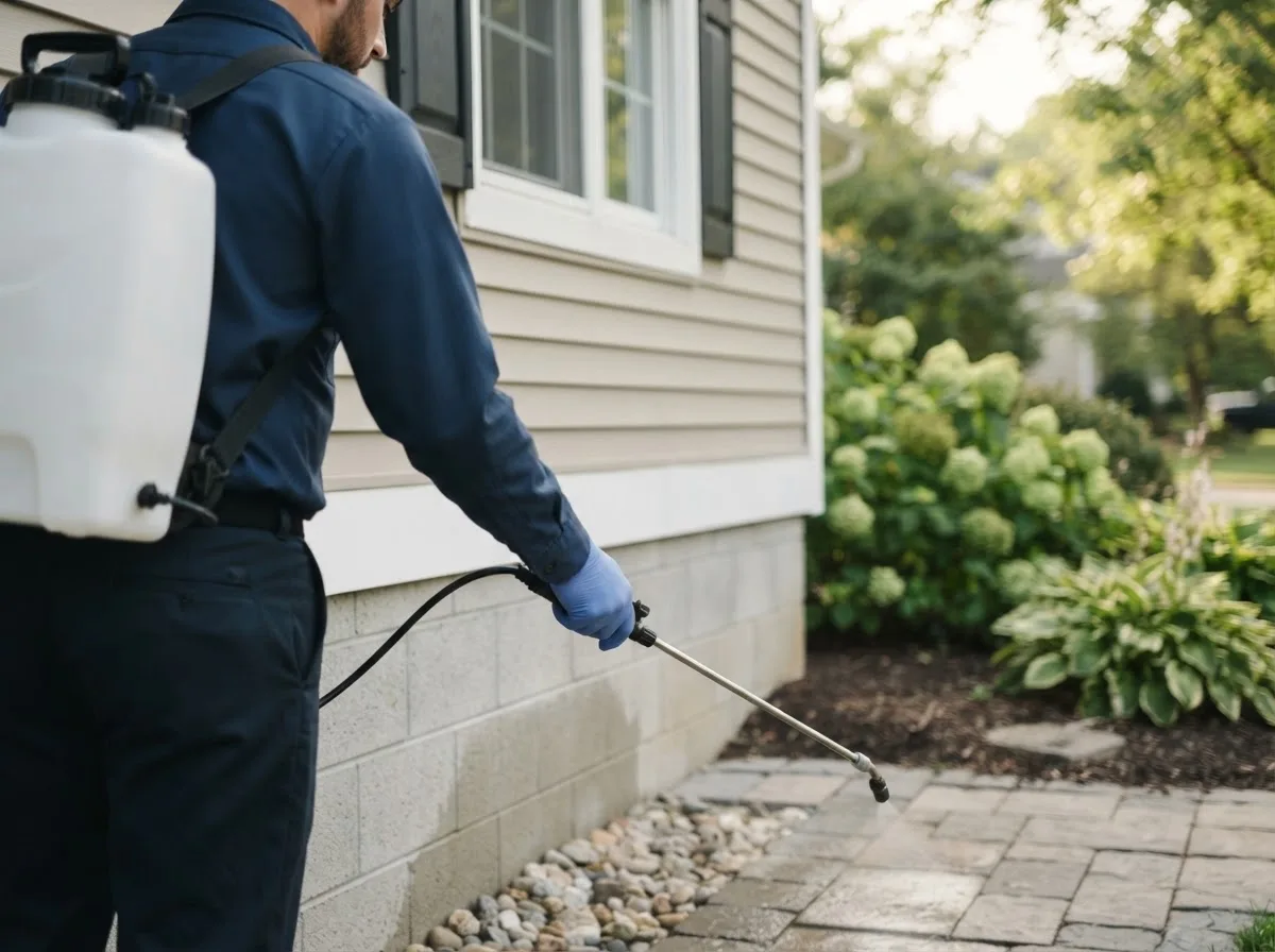 Pest control technician inspecting a home in Sheyenne, ND